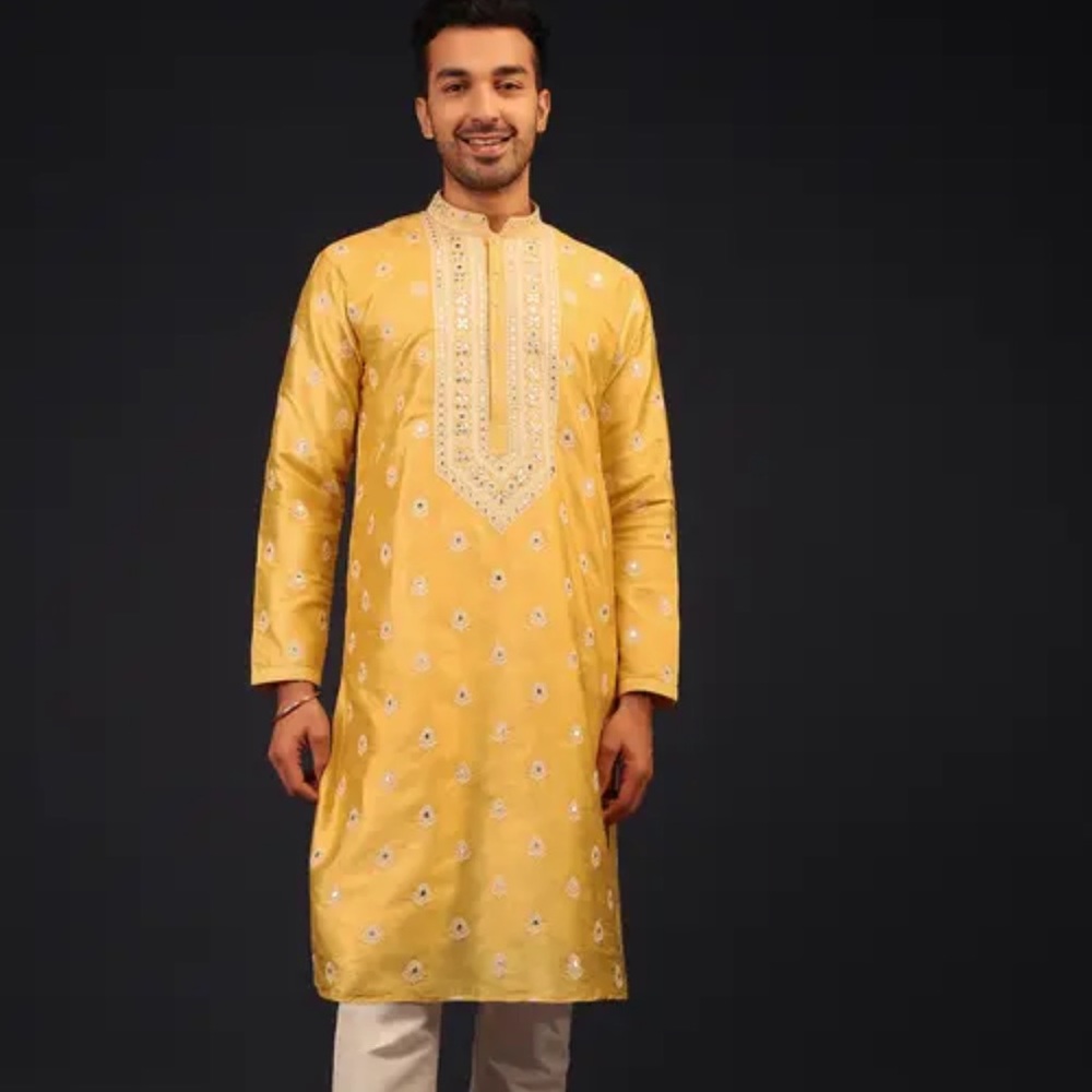 Cyber Yellow Mirror And Thread Embroidered Kurta Set